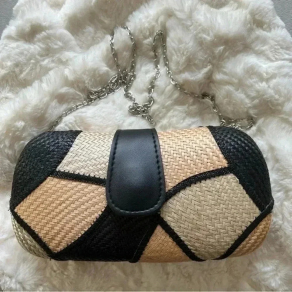 New Handmade Buntal Straw Clutch Purse Chain Strap Magnetic Snap Closure Tan